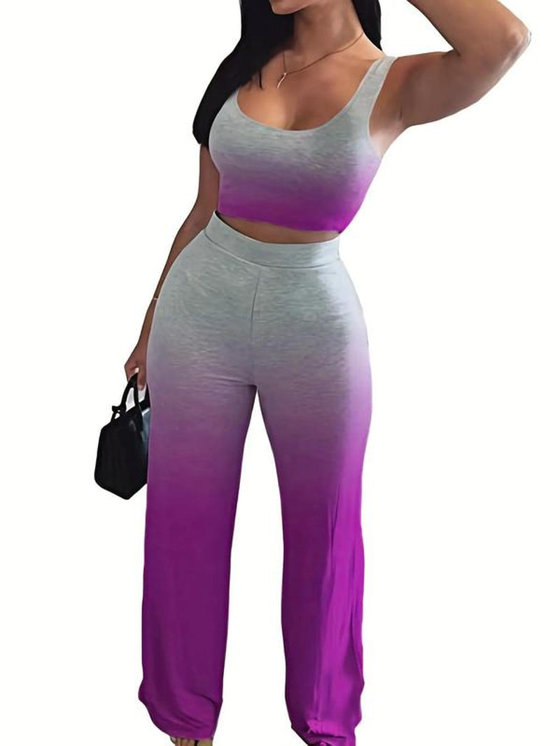 Women'S Solid Scoop Neck Crop Tank Top & Elastic Waist Pants, Summer Clothes, Mufti Clothes, Workout Set, Sweatsuits for Women, Back to School Outfits, Apple Shape Outfits, Fall Outfits Clothes Set, Please Purchase a Size Up