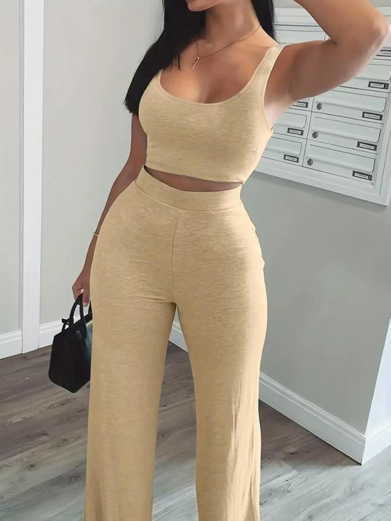 Women'S Solid Scoop Neck Crop Tank Top & Elastic Waist Pants, Summer Clothes, Mufti Clothes, Workout Set, Sweatsuits for Women, Back to School Outfits, Apple Shape Outfits, Fall Outfits Clothes Set, Please Purchase a Size Up