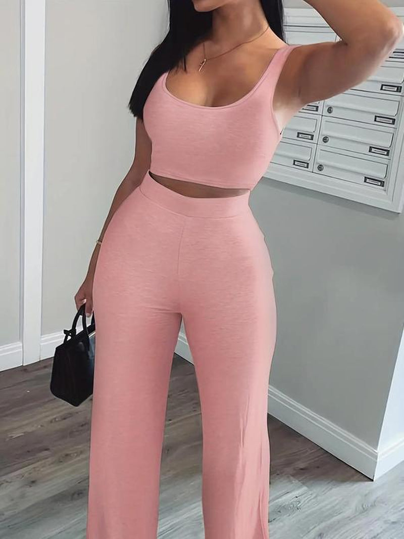 Women'S Solid Scoop Neck Crop Tank Top & Elastic Waist Pants, Summer Clothes, Mufti Clothes, Workout Set, Sweatsuits for Women, Back to School Outfits, Apple Shape Outfits, Fall Outfits Clothes Set, Please Purchase a Size Up
