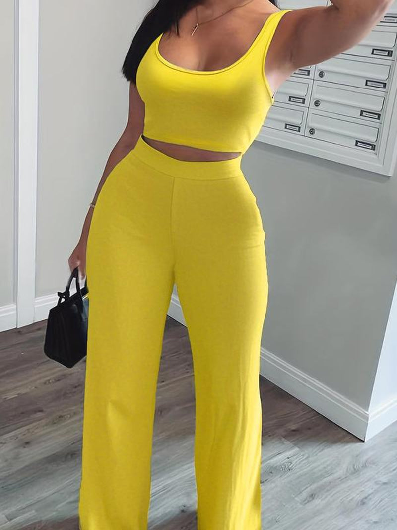Women'S Solid Scoop Neck Crop Tank Top & Elastic Waist Pants, Summer Clothes, Mufti Clothes, Workout Set, Sweatsuits for Women, Back to School Outfits, Apple Shape Outfits, Fall Outfits Clothes Set, Please Purchase a Size Up