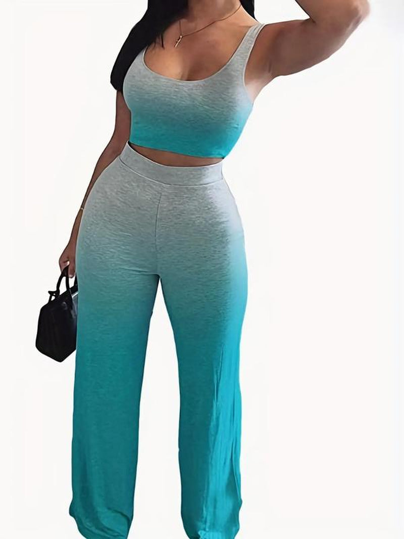 Women'S Solid Scoop Neck Crop Tank Top & Elastic Waist Pants, Summer Clothes, Mufti Clothes, Workout Set, Sweatsuits for Women, Back to School Outfits, Apple Shape Outfits, Fall Outfits Clothes Set, Please Purchase a Size Up