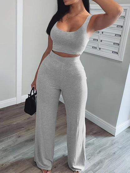Women'S Solid Scoop Neck Crop Tank Top & Elastic Waist Pants, Summer Clothes, Mufti Clothes, Workout Set, Sweatsuits for Women, Back to School Outfits, Apple Shape Outfits, Fall Outfits Clothes Set, Please Purchase a Size Up