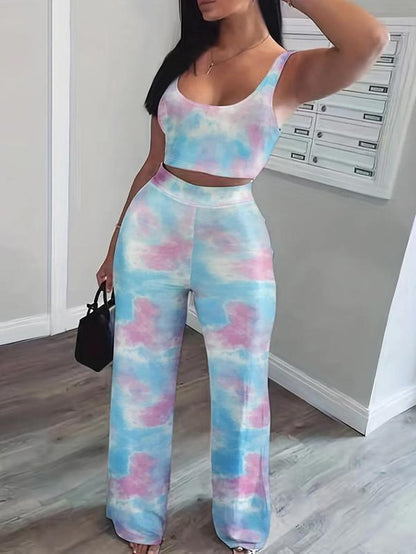Women'S Solid Scoop Neck Crop Tank Top & Elastic Waist Pants, Summer Clothes, Mufti Clothes, Workout Set, Sweatsuits for Women, Back to School Outfits, Apple Shape Outfits, Fall Outfits Clothes Set, Please Purchase a Size Up